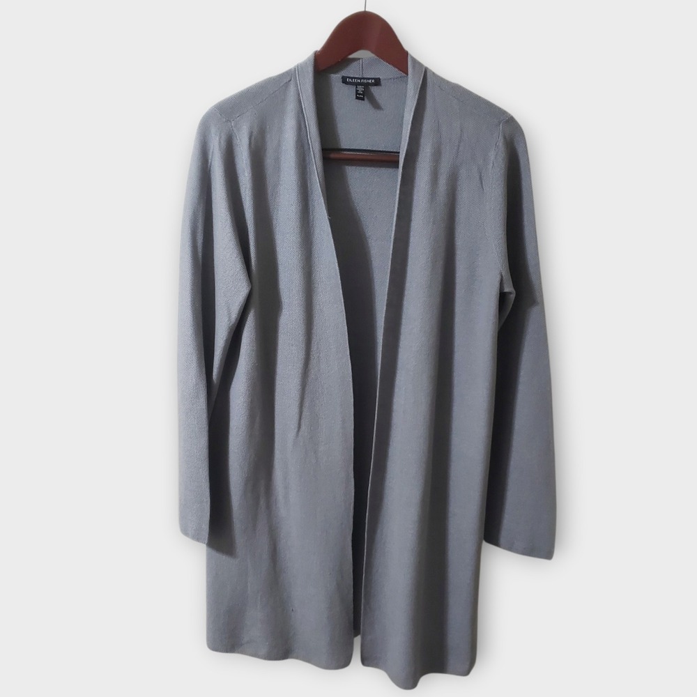 Eileen Fisher Organic Linen Cotton Long Cardigan Open Front Textured Gray PL